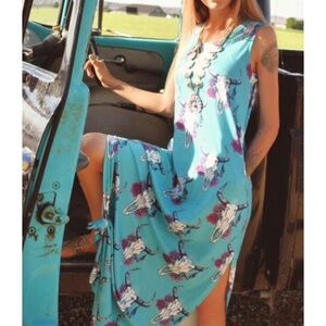 Cheekys Turquoise Bull Skull & Rose Tank Maxi Dress size XXL